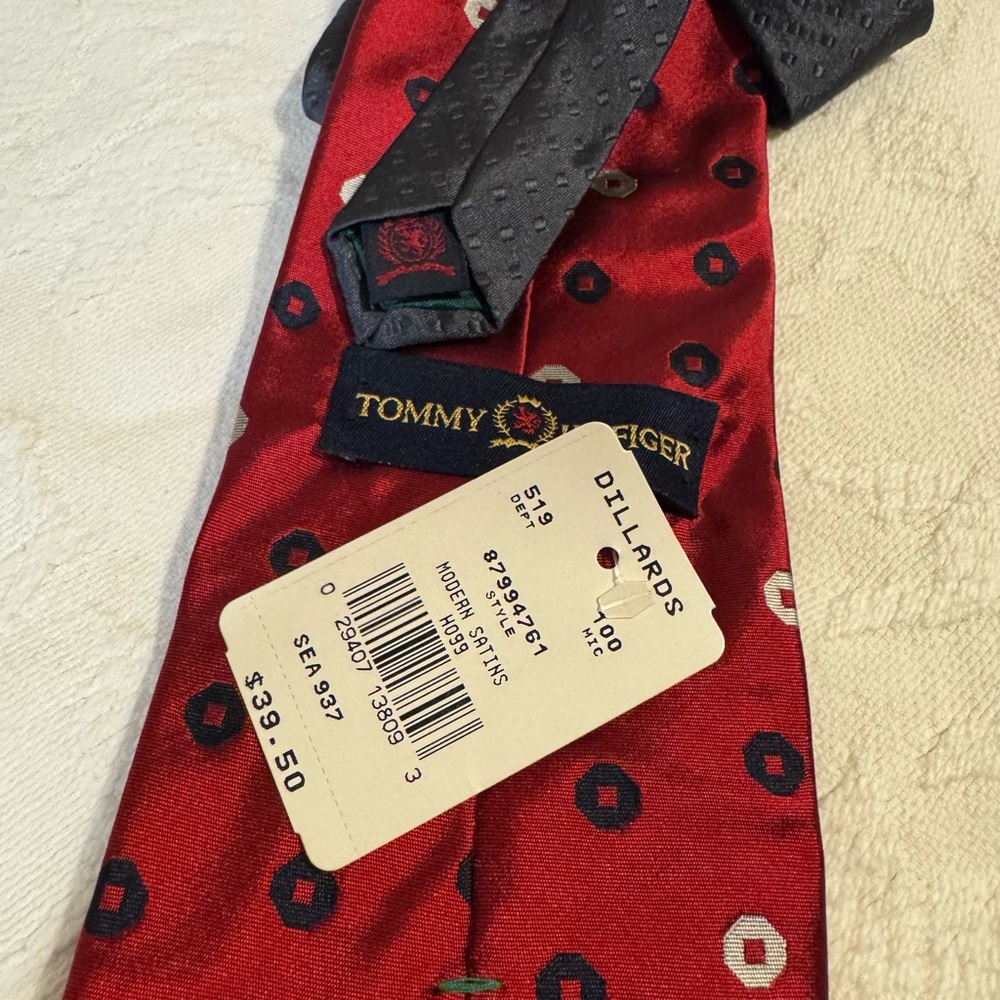 Vintage Tommy Hilfiger Red Black Gray Silver Geometric Tie Silk Made USA